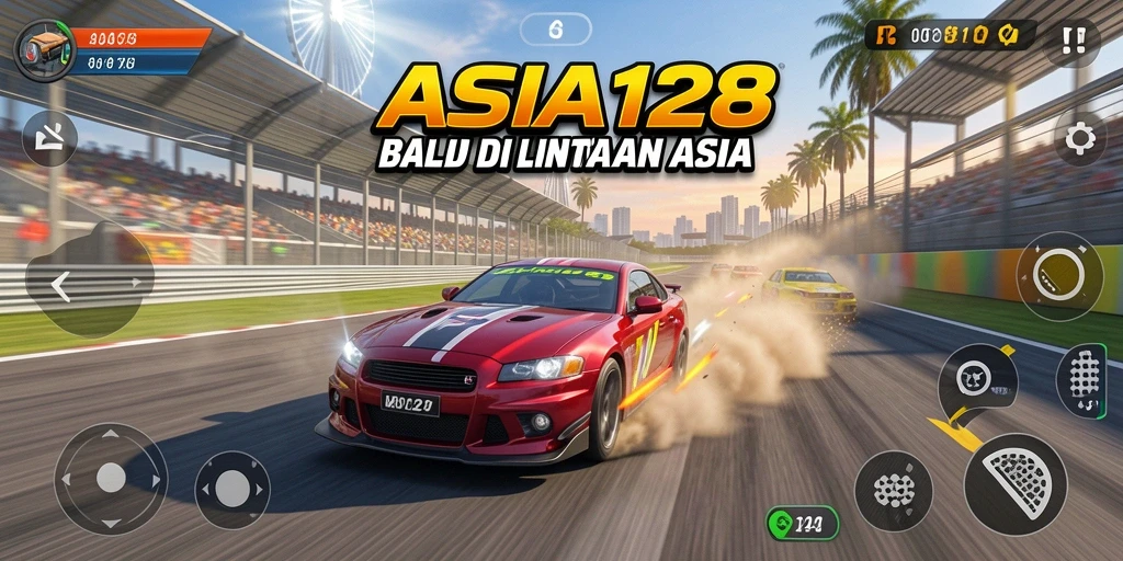 Screenshot gameplay ASIA128, menunjukkan mobil balap di lintasan.