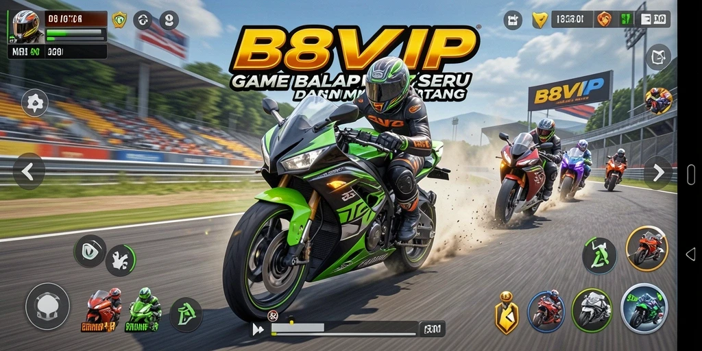 Screenshot B8VIP menampilkan aksi balap motor yang mendebarkan di lintasan yang menantang.