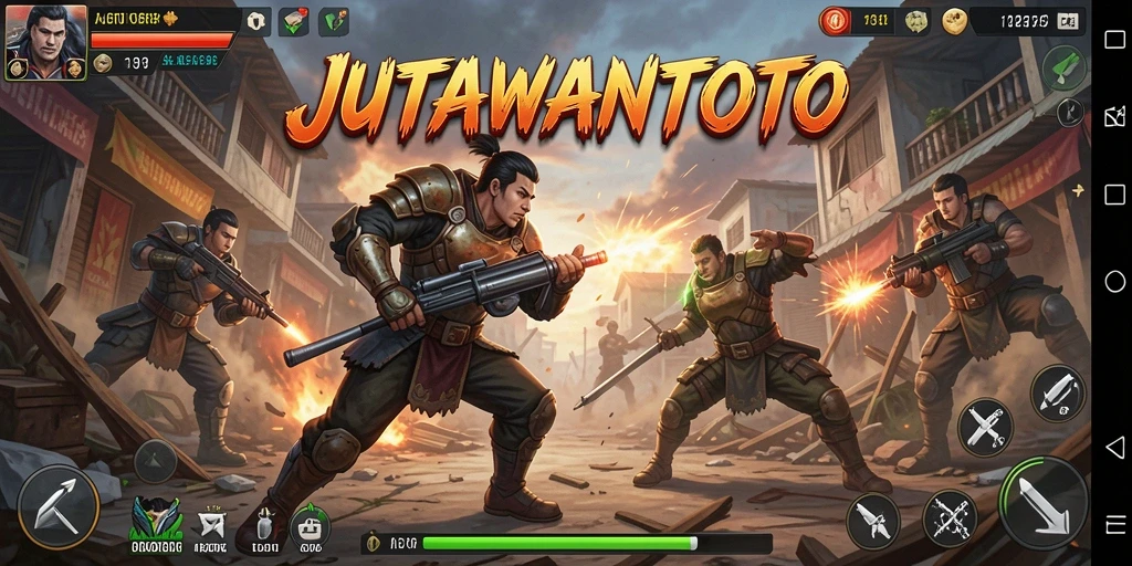 Screenshot utama JUTAWANTOTO menampilkan aksi pertempuran yang seru dan intens.