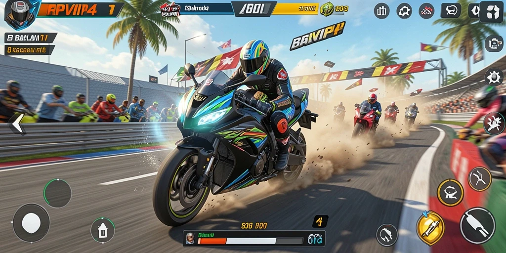 Screenshot gameplay RPVIP4 yang menunjukkan aksi balapan motor menegangkan.