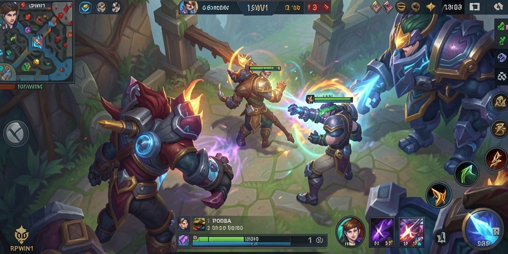 Tangkapan layar menunjukkan karakter bertarung di arena MOBA yang penuh aksi.