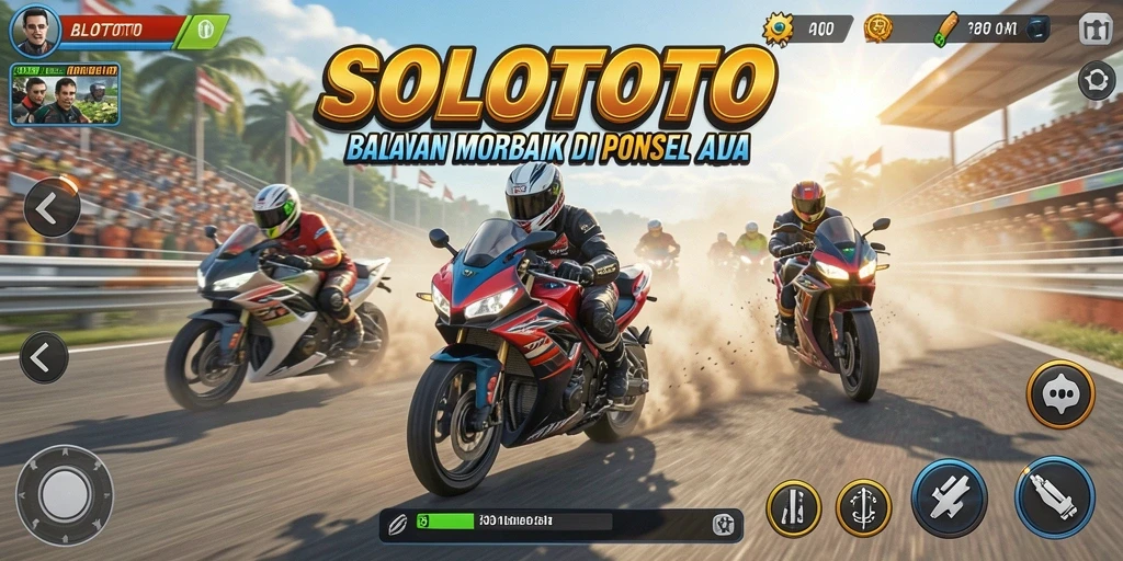Tampilan gameplay SOLOTOTO menampilkan balapan motor yang seru dan mendebarkan.