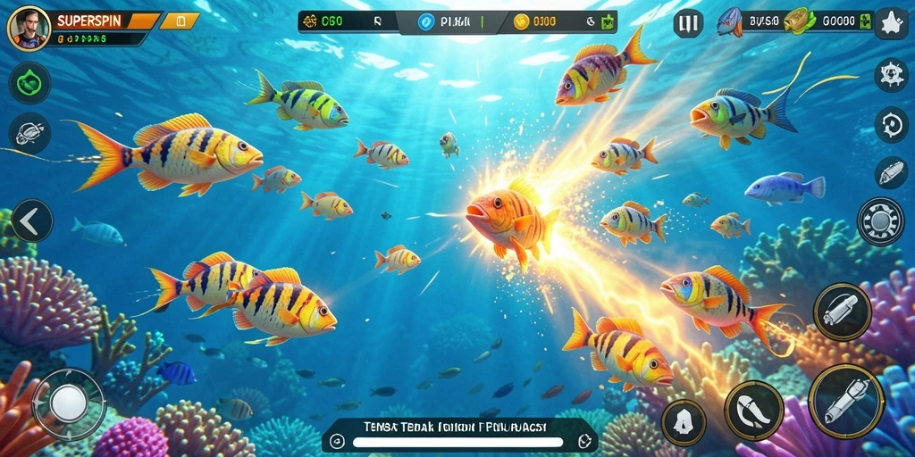 Tampilan gameplay menarik dari SUPERSPIN saat menembak ikan.